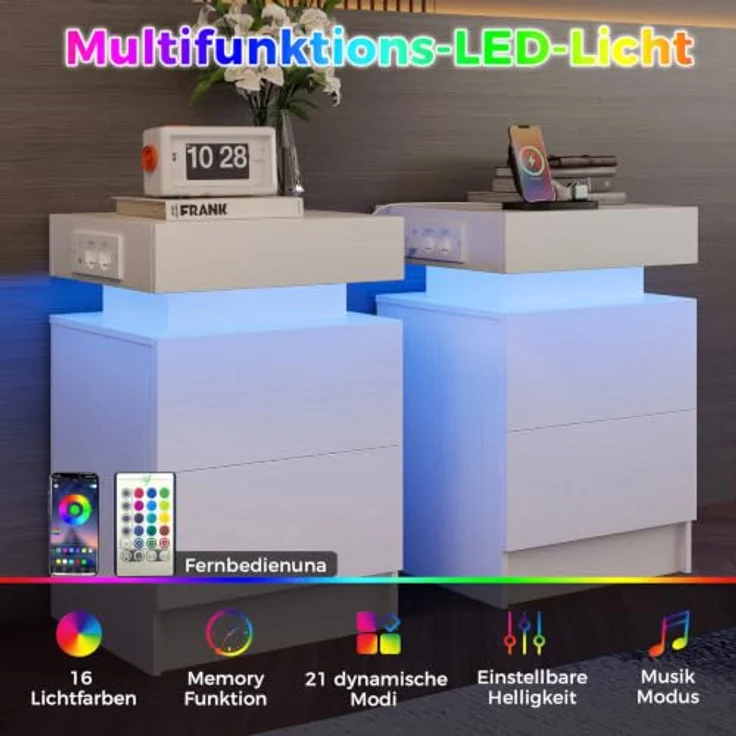 IRONCK Nachttisch 2er Set, Nachtschrank mit LED-Beleuchtung | Beistelltisch mit Ladefunktion, Steckdosen, USB & USB-C, 2 Schubladen, Kommode für Schlafzimmer Wohnzimmer, 35×40×60 cm, Weiß – Bild 5