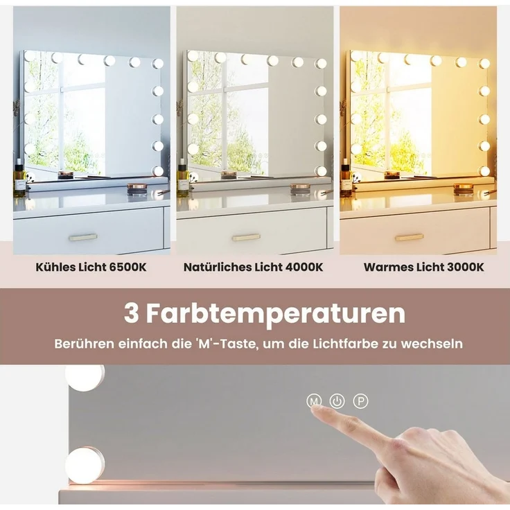 COSTWAY Schminkspiegel (1-St), Hollywood Spiegel, 14 dimmbare LED-Leuchten & 3 Lichtfarben – Bild 3