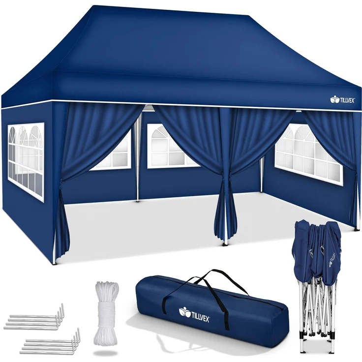 tillvex Pavillon 3x6m - mit 6 Seitenwänden Blau wasserdicht | Pop-Up Faltpavillon höhenverstellbar | Gartenzelt UV Schutz 50+ | Partyzelt mit Tasche für Garten – Bild 6