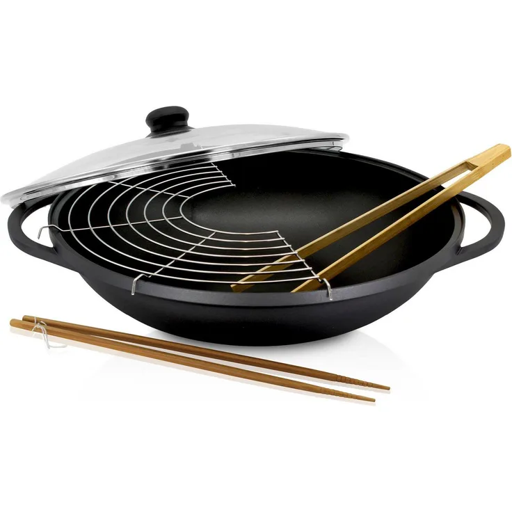 Aluguss Wok LEIPZIG Ø 36 cm mit Glasdeckel und Zubehör / Karl Krüger