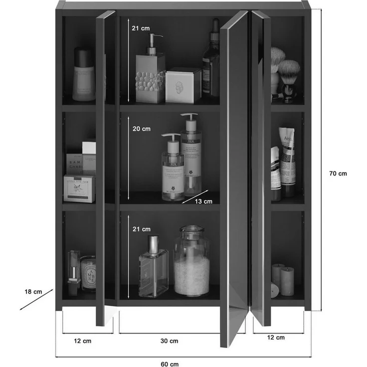 Newroom Spiegelschrank Schwarz Hochglanz 60 cm Spiegelschrank mit Beleuchtung Schwarz Hochglanz Spiegelglas Modern – Bild 3