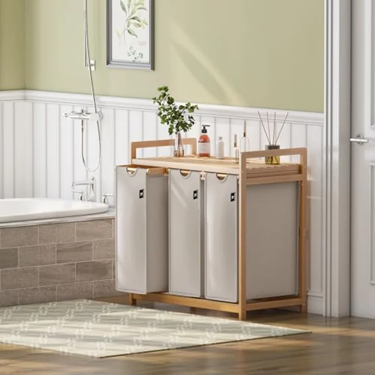 AdelDream Wäschekorb Wäschekörbe mit Bambusrahmen, 150 l, 3 Fächer – Bild 7