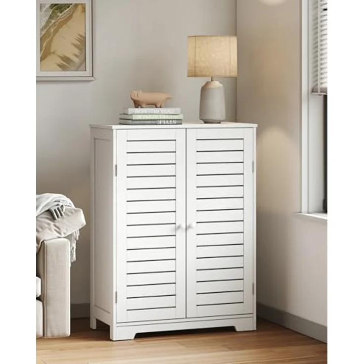 Mondeer Badkommode Badezimmerschrank, mit 2 Lamellentüren und 2 Einlegeböden,60 x 30 x 80 cm, Weiß – Bild 7