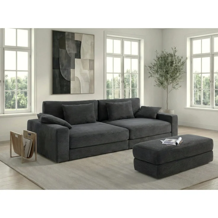 Polsterhocker 124x60 cm Federkern Sitzbank Designerhocker Cord Dunkelgrau – Bild 3