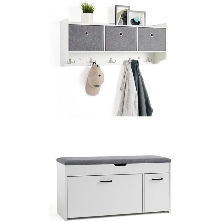 Mondeer Garderoben-Set (2-St), Garderobe mit Schuhbank, mit Stoff-Schublade und 5 Haken, mit Sitzfläche, Weiß