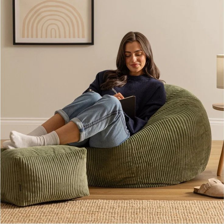 Icon Kingston Sitzsack mit Hocker Cord, Salbeigrün, Sitzsack Erwachsene mit Füllung, Bean Bag, Cord Sessel, Lounge Sessel, Lounge Stuhl, Schlafzimmer, Wohnzimmer, Wohnzimmer Möbel – Bild 2