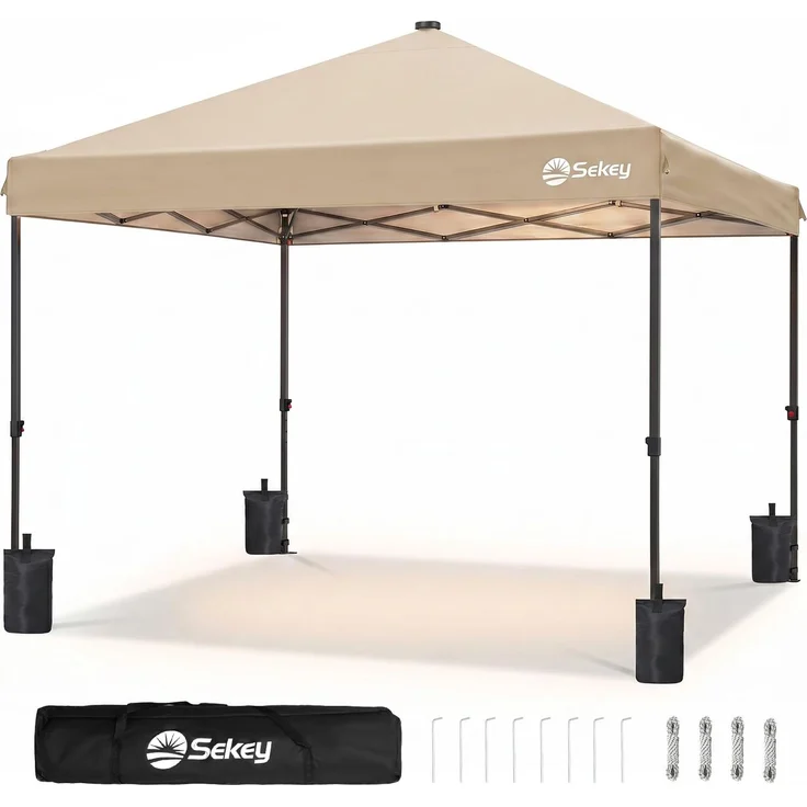 Sekey Pavillon 3x3 wasserdicht stabil Winterfest mit LED Beleuchtung, 3-stufig höhenverstellbar Gartenzelt, Outdoor Pavillon mit UPF 50+ UV-Schutz, 4-stufige Wasserfestigkeit, Khaki