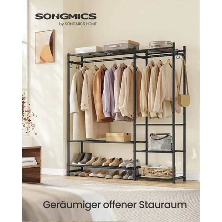 Garderobenständer mit Metallrahmen, offener Kleiderschrank, 7 Ablagen, 2 Kleiderstangen, schwarz – Bild 2