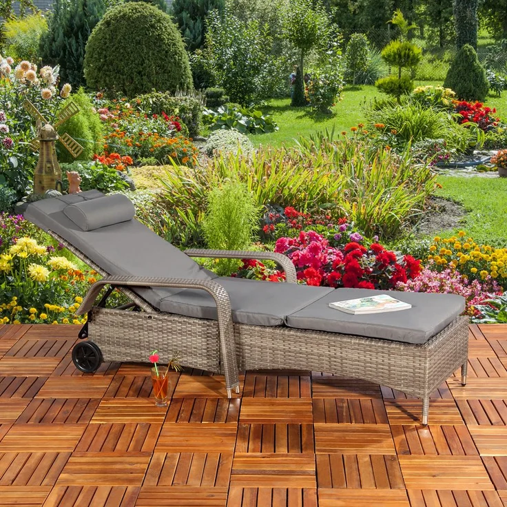 Sonnenliege grau Polyrattan Gartenlounge Liegestuhl Relax Terrasse Sitzgruppe – Bild 3