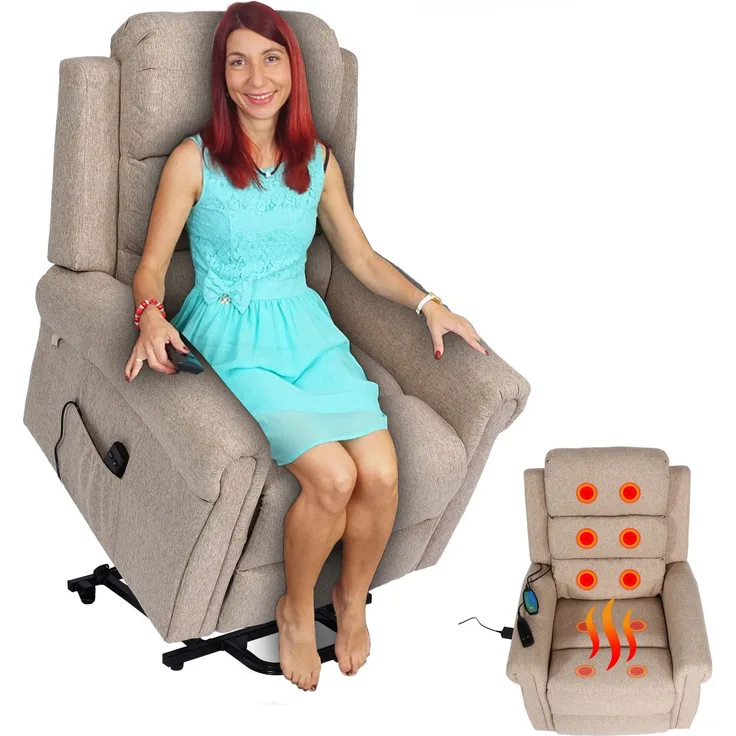 Fernsehsessel HWC-K63, Relaxsessel Sessel, Liegefunktion Aufstehhilfe Massage Heizfunktion, Stoff/Textil ~ beige-braun