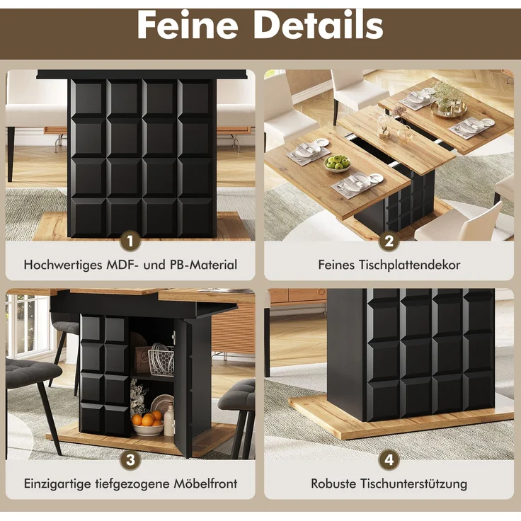 Esstisch ausziehbar 110-140x80x75 cm, mit kariertem Muster & verstecktem Stauraum – Bild 7