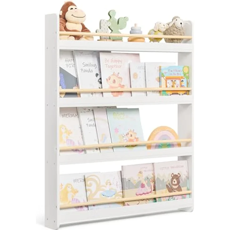 SONGMICS Bücherregal Kinder, Kinderregal mit 4 Ebenen, Spielzeugregal, Wandregal, für Kinderzimmer, Spielzimmer, weiß-naturfarben GKR014W01 – Bild 2