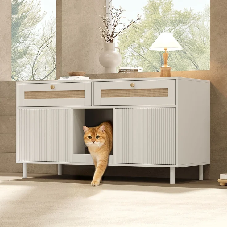 Katzentoilettenschrank mit Katzenstreufangmatte, Katzenstreuschrank, Haustierschrank mit Rattanschublade, Haustier-Sideboard/TV-Schrank, ohne Katzenstreu-Box, Weiß, 120x50x65 cm – Bild 6