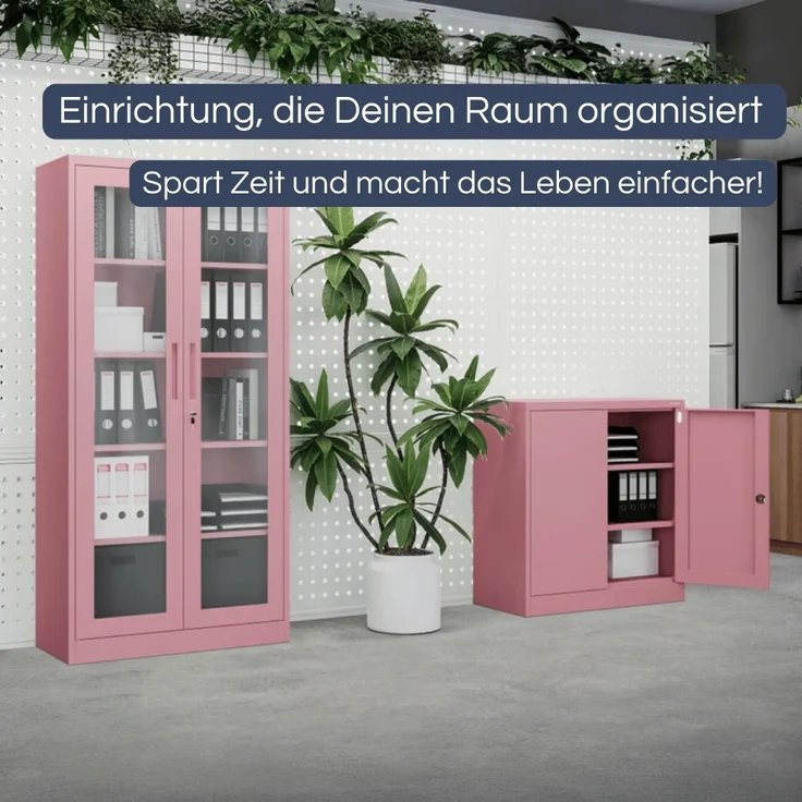 Aktenschrank abschließbar KADO - 3 Ebenen verstellbar, Flügeltüren | Metallschrank Werkstatt Mehrzweckschrank Büroschrank aus Stahl Werkzeugschrank, 93x90x40cm Rosa – Bild 3