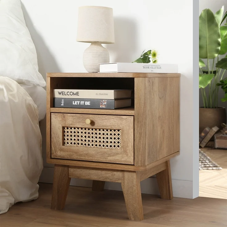 Casâme 'PALMO' Nachttisch 1 Schublade mit Rattanfront in holzdekor - Helles Holz – Bild 2