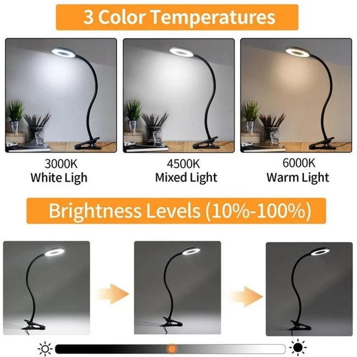 LQWELL LED Klemmleuchte Ringlicht, Clip-On, 3 Farben, dimmbar, emmleuchten Leselampe Buch, LED fest integriert, 3000K Warmweiß, 4500K Naturweiß, 6500K Kaltweiß, flexibler Schwanenhals, USB, Schlafzimmer Deko – Bild 4