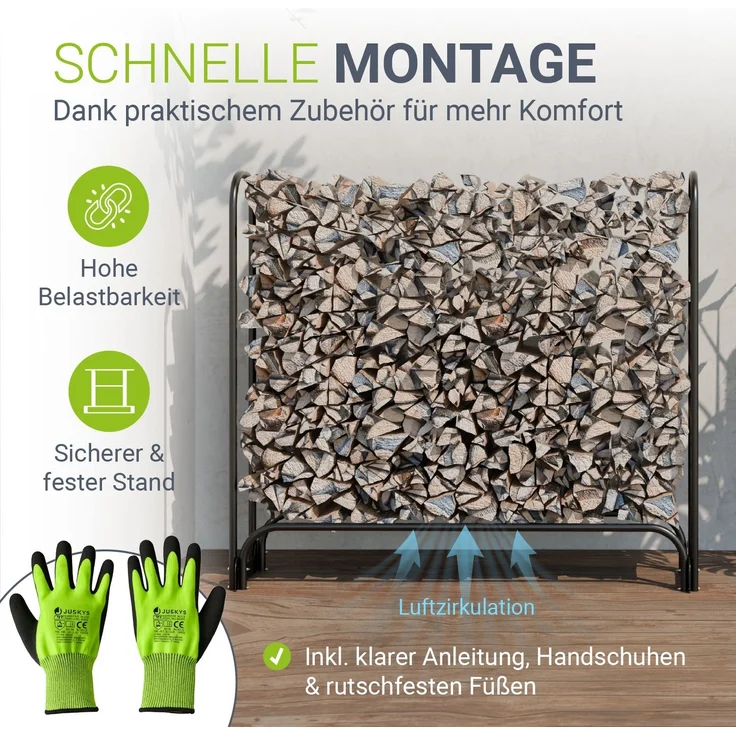 Juskys Kaminholzregal M 130x117x36 cm – Schwarz, Brennholzregal aus Stahl mit Abdeckung, Holzunterstand für Garten & Terrasse, 200 kg belastbar – Bild 6