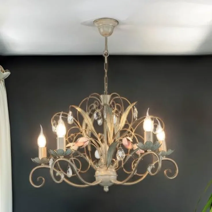 Licht-Erlebnisse Luce Pendelleuchte, florales Design mit handbemalten Verzierungen, höhenverstellbar, E14 Fassung, Rosa-Grün