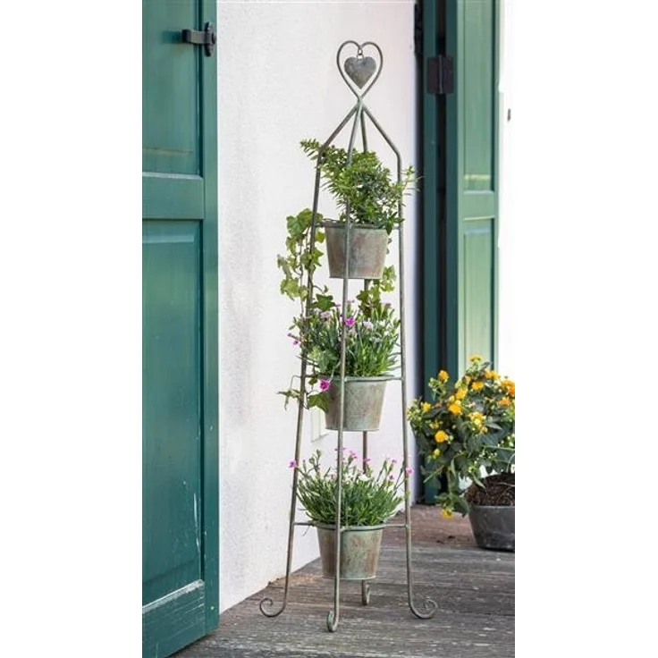 Blumenständer "Herz" 104 cm hoch, aus Metall im Antik Look, 3 Pflanztöpfe in Rost Optik, Blumentopfständer, Pflanzsäule, Pflanzenständer – Bild 2