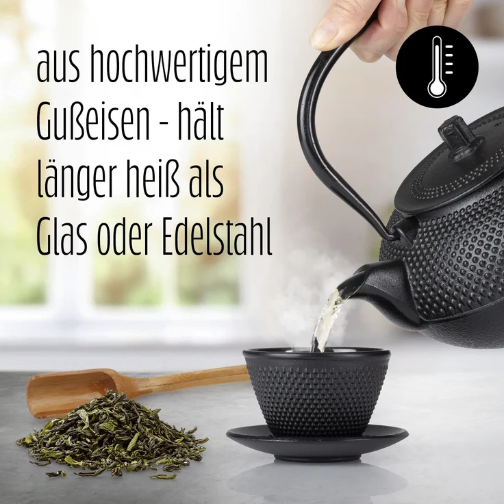 Lumaland Teeservice Set 12-teilig, 1,4 Liter Gusseiserne Teekanne Tetsubin (12-tlg), Bambus/Gusseisen/Edelstahl, Stövchen aus Gusseisen, 4 Teebecher & 4 Untersetzer uvm. – Bild 2