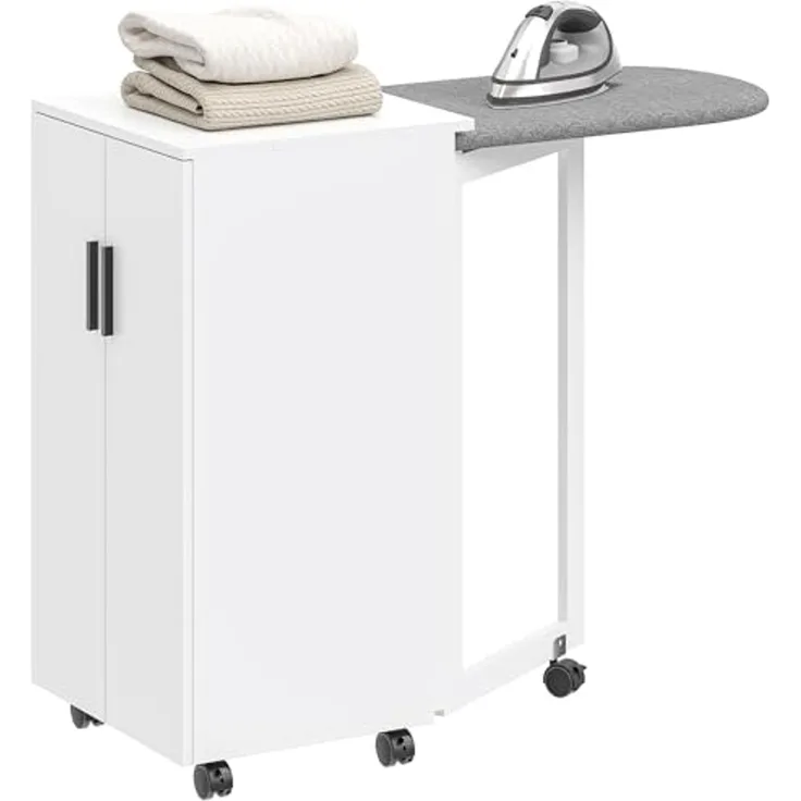 HOMCOM Bügelbrett mobiler Aufbewahrungsschrank, Bügelfläche 86x39 cm, Klappbar, platzsparend, mit Stauraum