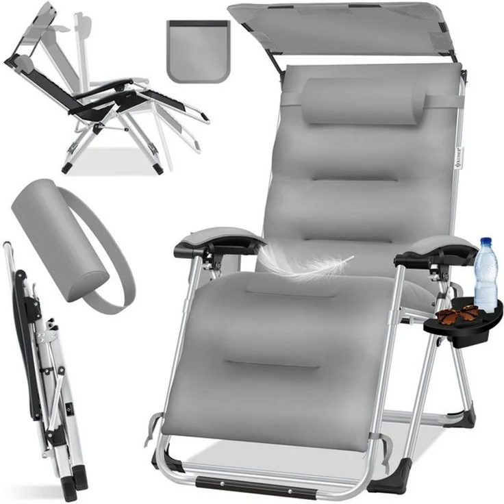 KESSER® Sonnenliege Liegestuhl, klappbare Gartenliege extra breit & Wetterfest, Belastbar 200kg, Ergonomisches Polster, verstellbare Rückenlehne inkl. Nackenkissen, Getränkehalter & Armpolster Grau, Liege (Mit Sonnendach) – Bild 4