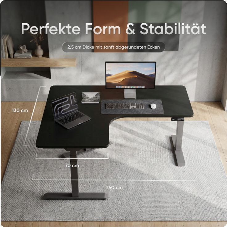 DESKSPACE Eck-Tischplatte, 2,5 cm massiv, schwarz, 160x130x70 cm, ideale Holzplatte für Esstisch & höhenverstellbaren Eck-Schreibtisch – Bild 3