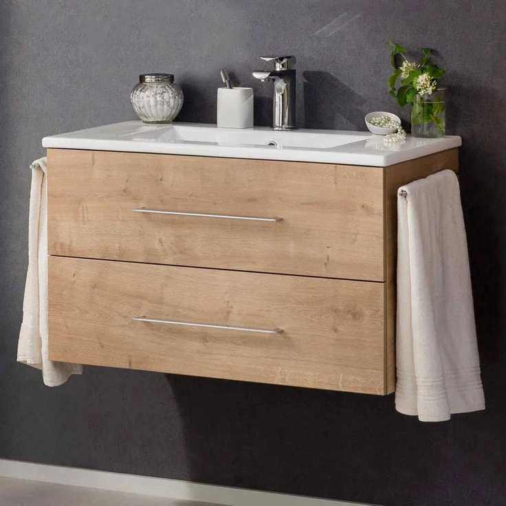 FACKELMANN B.PERFEKT Waschbecken mit Unterschrank 82 cm breit, Braun hell, Waschbecken Keramik Weiß – Bild 2