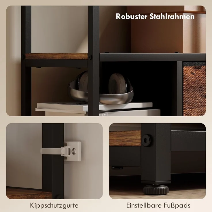 HOMCOM Standregal Bücherregal mit 2 Stoffschubladen, 9 offenen Fächern, Aufbewahrungsregal 1-tlg, für Büro, Wohnzimmer, Schlafzimmer, 72,5x30x150 cm, Rustikal-Braun – Bild 6