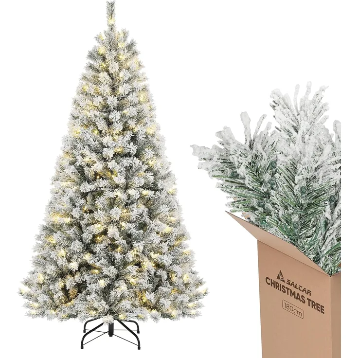 Salcar Künstlicher Weihnachtsbaum 180 cm Tannenbaum mit Schnee und Licht, Weihnachtsbaum mit Beleuchtung, Tannenbaum, mit 250 LED Lichter Warmweiß und 828 PVC Spitzen, mit Metallständer