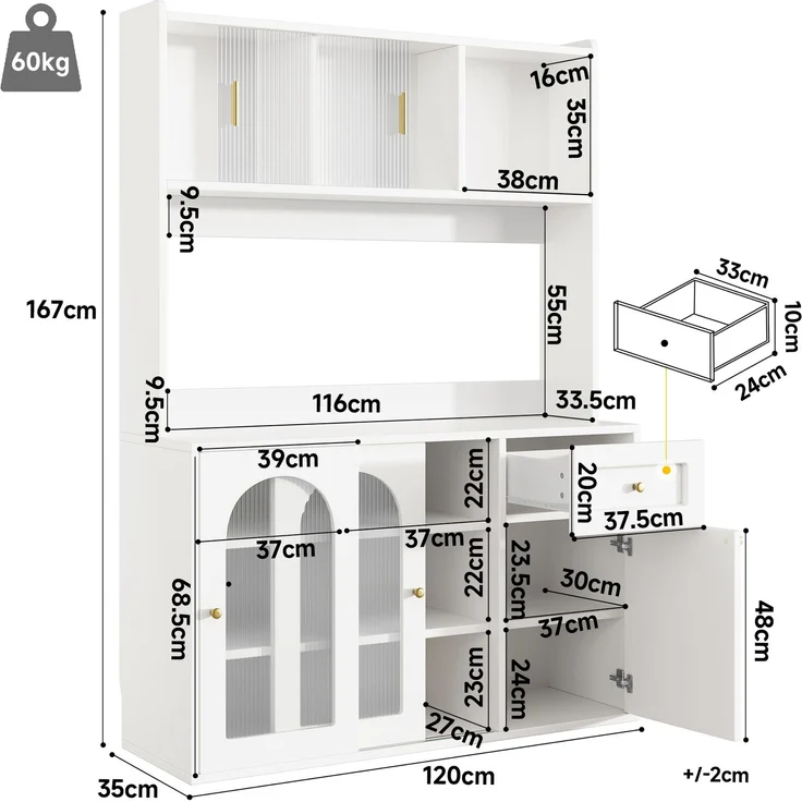 Küchenschrank, Hochschrank, Vitrinenschrank, Buffetschrank mit Verstellbaren Ablagen, Esszimmerschrank, Sideboard mit LED-Beleuchtung, Weiß--Weiß--120x35x167cm--YOUDENOVA – Bild 7