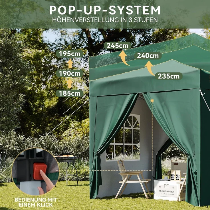 Aoxun Pop Up Pavillon 2x2m Wasserdicht mit 4 Seitenwänden, Metallrahmen-Schutzzelt, Höhe Verstellbar, Faltpavillon 2x2 mit Tragetasche für Camping Party, Grün – Bild 6