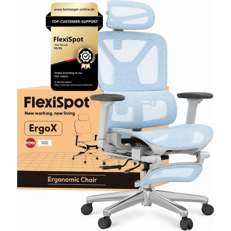 FLEXISPOT Ergonomischer Bürostuhl ErgoX Blau | 3D-Armlehnen, 3D-Kopfstütze, 5D-verstellbare Rückenlehne, Atmungsaktiver Sitz Belastbar bis 136 kg Arbeitsstuhl