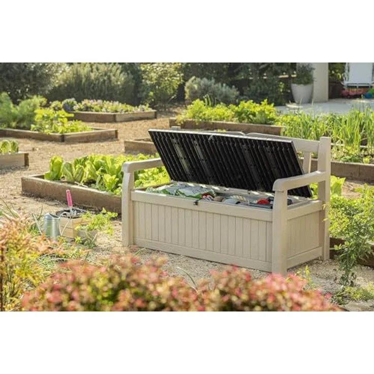 Keter Sitzbank Eden für Balkon und Garten, Gartenbank mit integrierter Kissenbox mit 265 l Stauraum, 140 x 60 x 84 cm, wetterfest, pflegeleicht, beige, Outdoor, Holzoptik – Bild 10