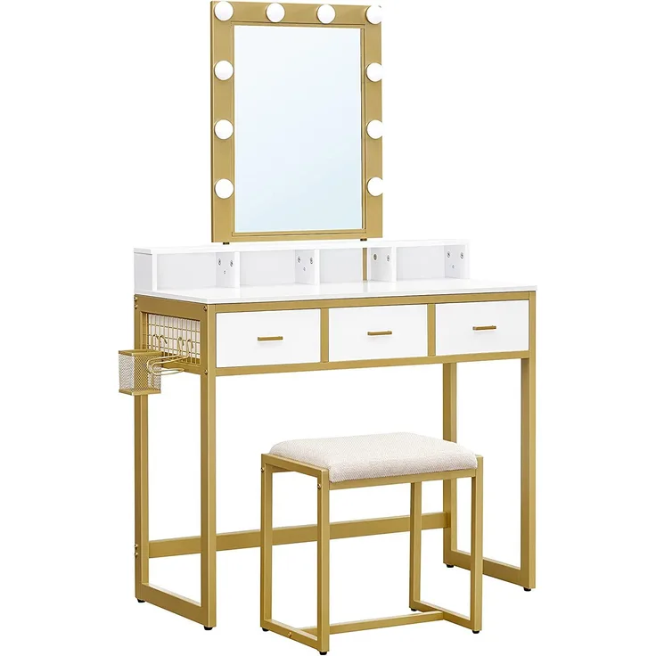 VASAGLE Schminktisch mit Beleuchtung, Frisiertisch mit Hocker, Kosmetiktisch, 10 LED-Glühbirnen, Spiegel, einstellbare Helligkeit, für Schlafzimmer, modern, weiß-goldfarben RVT014A10