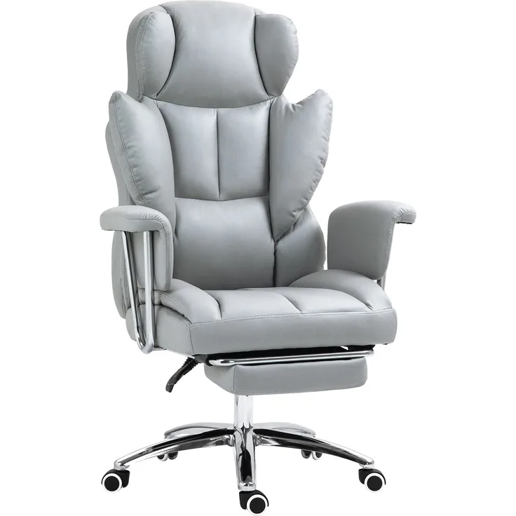 MELAYR, Ergonomischer Bürostuhl, gepolstert, mit Fußstütze, verstellbarer Lehne, 74 x 65 x 128 cm, Hellgrau