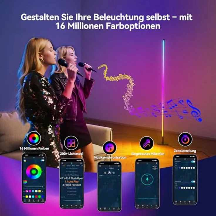 YICAIZI LED Stehlampe Wohnzimmer - 160cm RGB Ecklampe Dimmbar, Standleuchte LED mit Fernbedienung und APP, 16 Millionen Farben, Musikmodi, DIY-Modus & Timing -Funktion für Schlafzimmer, Gaming – Bild 5