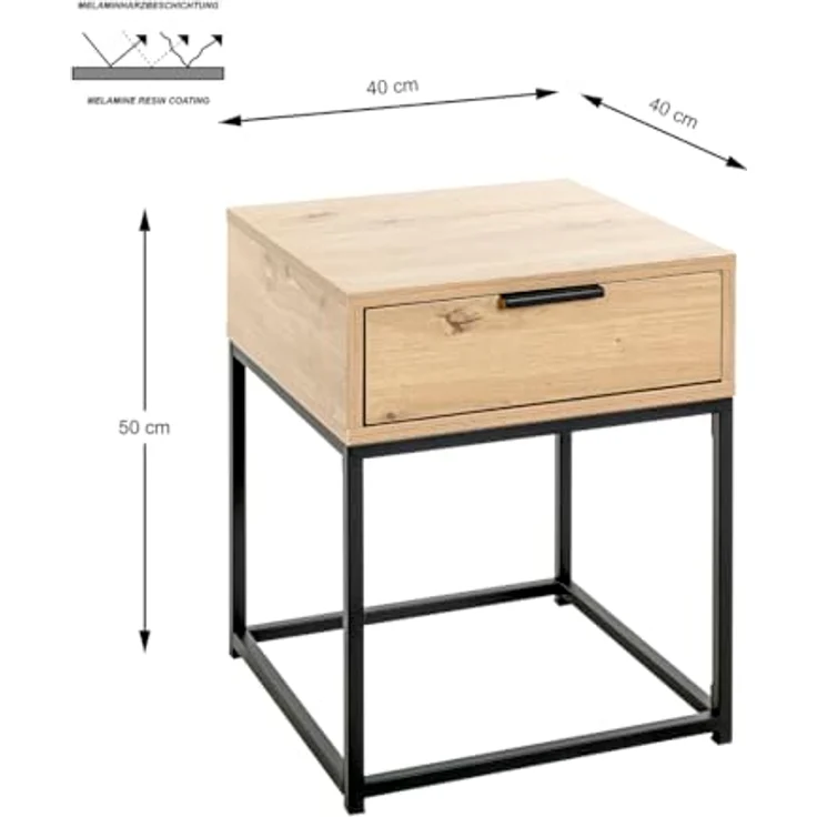 XXXL Nachtschrank Schwarz, Eiche und Metall, 1 Schublade, 40x50x40 cm, Schlafzimmermöbel – Bild 3