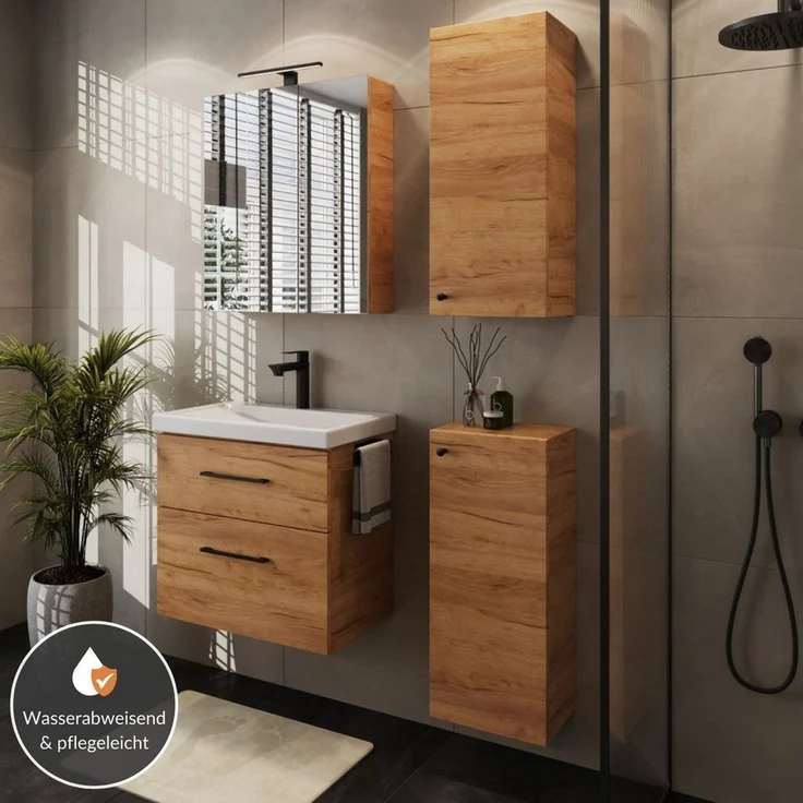 Planetmöbel Badmöbel-Set Badmöbel-Set mit Spiegelschrank 63cm und 2x Midischrank, (Waschbecken mit Unterschrank, Spiegelschrank Bad mit Beleuchtung) – Bild 2