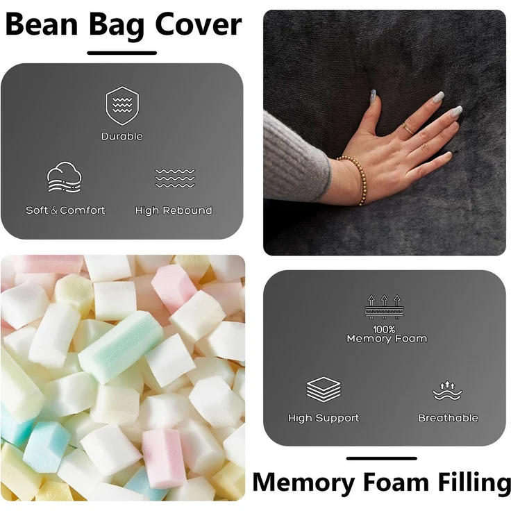 Großer runder Sitzsack 150 cm mit Velboa-Kurzplüschbezug, Memory-Schaum-Loungesitz für Wohn- und Schlafzimmer, Schwarz – Bild 6