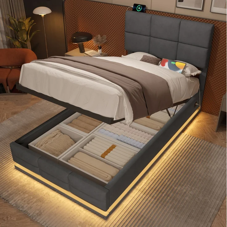 Polsterbett 90x200 cm mit LED, USB-Anschluss und Stauraum – Samt in Dunkelgrau, Ohne Matratze – Bild 2