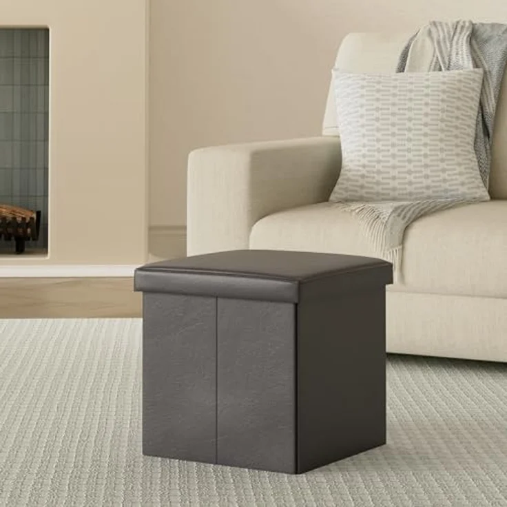 SONGMICS Sitzhocker 38 cm, Aufbewahrungsbox faltbar, Fußhocker mit Deckel, aus Kunstleder, bis 300 kg belastbar, für Eingang, Wohnzimmer, Schlafzimmer, schiefergrau LSF010G01 – Bild 3