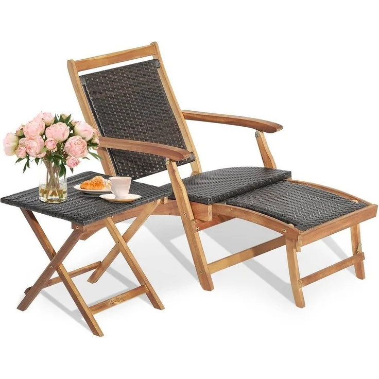 COSTWAY Gartenliege, klappbar, rattan mit Tisch&Fußstütze, 5-fach verstellbar