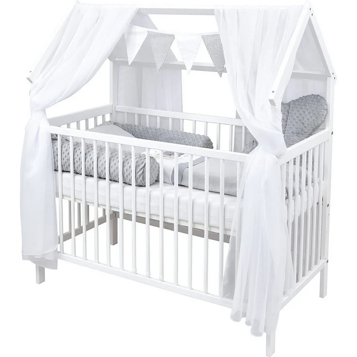 Baby-Delux Komplettbett Hausbett Babybett Schutzgitter Komplettset, 10-tlg, Kinderbett 60x120 cm weiß, Bettset verschiedene Designs – Bild 1
