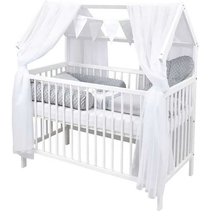 Baby-Delux Komplettbett Hausbett Babybett Schutzgitter Komplettset, 10-tlg, Kinderbett 60x120 cm weiß, Bettset verschiedene Designs