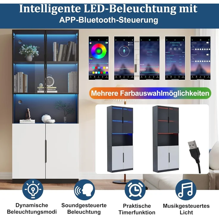 Odikalo Vitrine Glastüren Bücherregal Sammlerstücke einstellbare 30*160*200cm – Bild 5