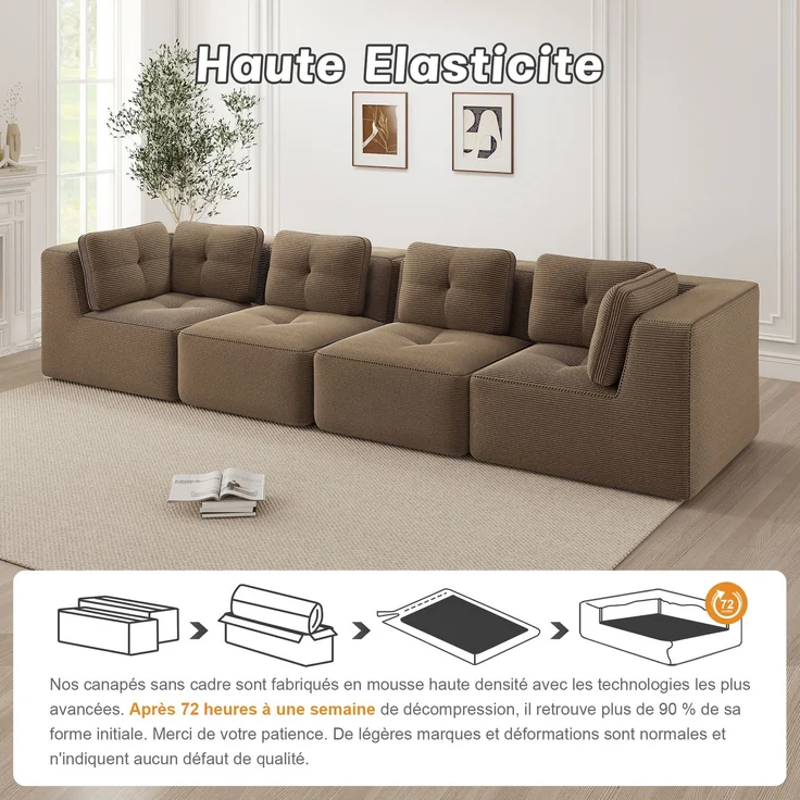 U-förmiges Sofa mit 1 Fußhocker mit Cordbezug und beweglicher Fußauflage, rahmenfreie Lounge-Couch mit breiten Armlehnen ohne Montage, Braun – Bild 9