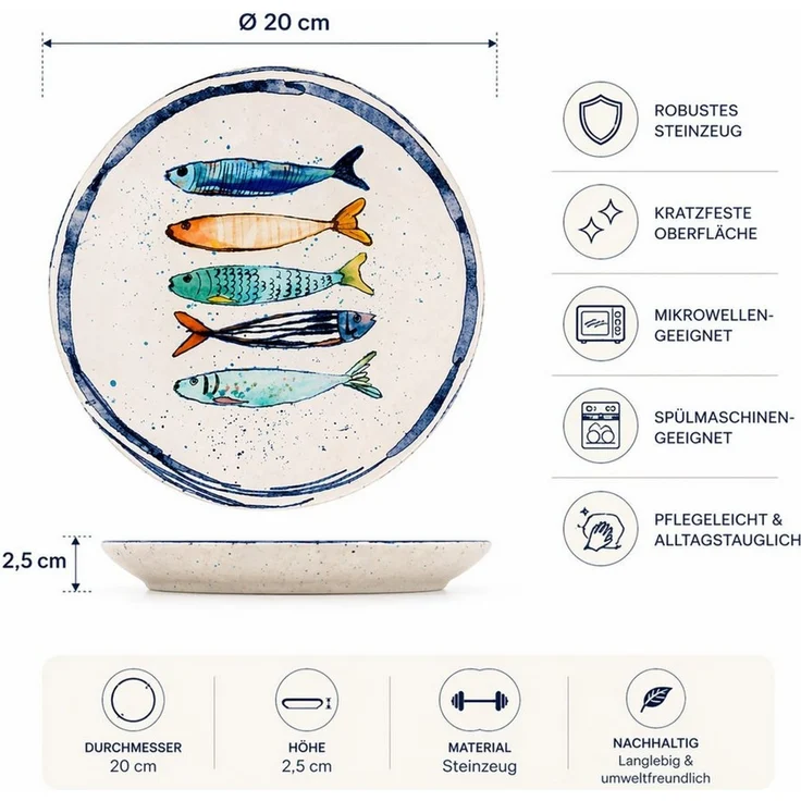 WestCraft Speiseteller Teller, mediterran mit Sardinen-Motiv, Maritime Dessertteller 20 cm, (4 St), 4er Set, hochwertig und robust - langlebig und vielseitig einsetzbar – Bild 3