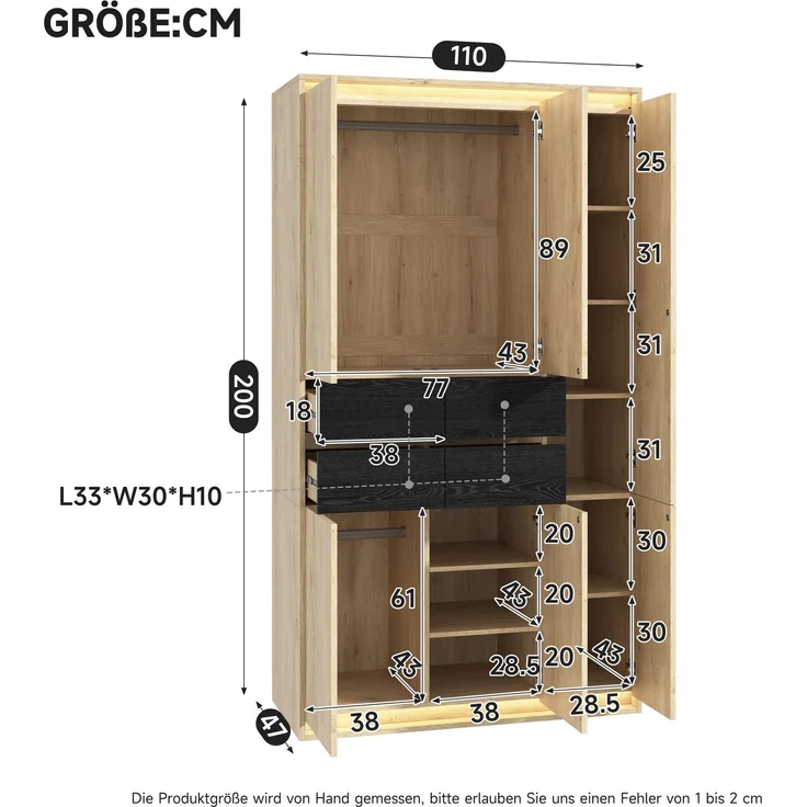 Drehtürenschrank 110 x 47 x 200 cm aus MDF in Eiche-Optik mit Spiegel und LED-Beleuchtung – Bild 4