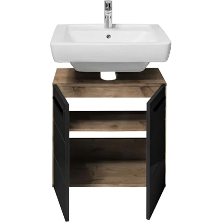 Waschbeckenunterschrank >Vista< 2 Türen, 1 Boden, schwarz / viking oak Dekor - 60x62x31 (BxHxT) – Bild 7